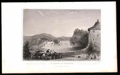 Stahlstich Schaffhausen, Blick auf den Rheinfall, Stahlstich um 1835 von Henry Winkles, 22.5 x 14cm