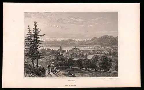 Stahlstich Zürich, Totalansicht mit Alpenpanorama, Stahlstich um 1835 von Henry Winkles, 22.5 x 14cm