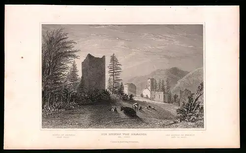 Stahlstich Tusis, Die Ruinen von Rhaealta, Stahlstich um 1835 von Henry Winkles, 22.5 x 14cm
