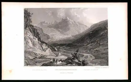Stahlstich Rhongletscher, Panorama mit Bergmassiv, Stahlstich um 1835 von Henry Winkles, 22.5 x 14cm