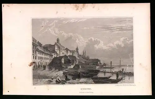 Stahlstich Murten, Ortsansicht mit angelegten Booten, Stahlstich um 1835 von Henry Winkles, 22.5 x 14cm