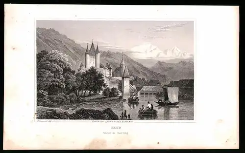 Stahlstich Thun, Schloss mit Alpenpanorama, Stahlstich um 1835 von Henry Winkles, 22.5 x 14cm
