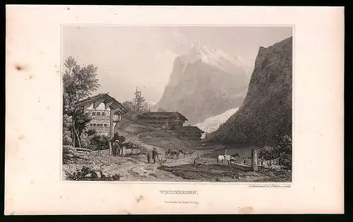 Stahlstich Wetterhorn, Landhaus mit Blick zum Berggipfel, Stahlstich um 1835 von Henry Winkles, 22.5 x 14cm
