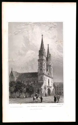 Stahlstich Basel, Blick auf den Münster, Stahlstich um 1835 von Henry Winkles, 22.5 x 14cm