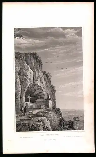 Stahlstich Wildkirchli, Blick zur Kapelle, Stahlstich um 1835 von Henry Winkles, 22.5 x 14cm