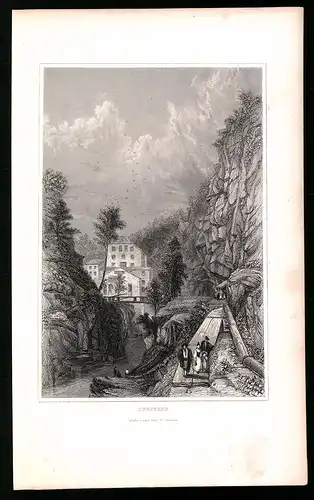 Stahlstich Pfeffers, Ortsansicht mit Flusspartie, Stahlstich um 1835 von Henry Winkles, 22.5 x 14cm