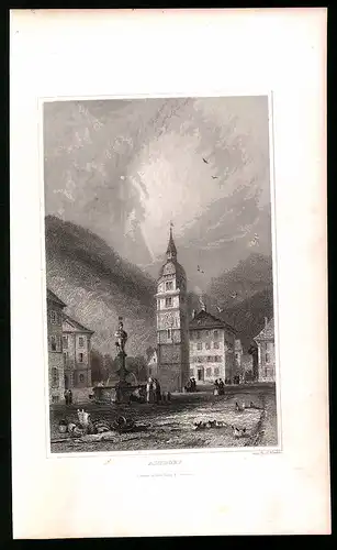 Stahlstich Altdorf, Marktplatz mit Brunnen und Kirchturm, Stahlstich um 1835 von Henry Winkles, 22.5 x 14cm