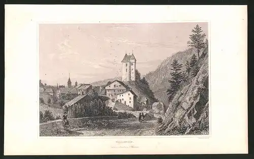 Stahlstich Vallengin, Ortsansicht mit grossem Turm und Kirchpartie, Stahlstich um 1835 von Henry Winkles, 22.5 x 14cm