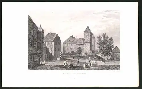 Stahlstich Gottlieben, Schloss mit Marktplatz, Stahlstich um 1835 von Henry Winkles, 22.5 x 14cm