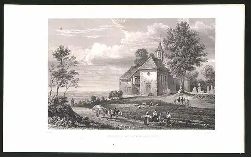 Stahlstich Schwaderloch, Kapelle mit Friedhof, Stahlstich um 1835 von Henry Winkles, 22.5 x 14cm