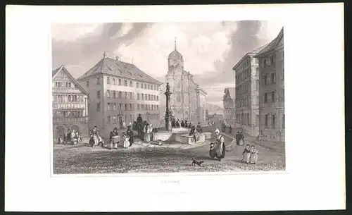 Stahlstich Trogen, Ortsansicht mit Kirche und Marktplatz, Stahlstich um 1835 von Henry Winkles, 22.5 x 14cm