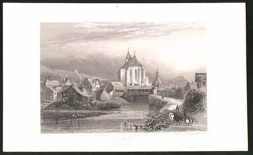 Stahlstich Appenzell, Ortsansicht mit Blick zur Kirche und Flusspartie, Stahlstich um 1835 von Henry Winkles