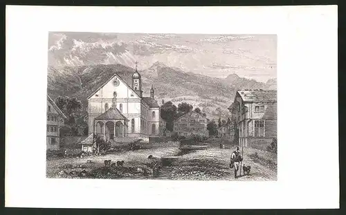 Stahlstich Sachseln, Ortsansicht mit Kirche, Stahlstich um 1835 von Henry Winkles, 22.5 x 14cm
