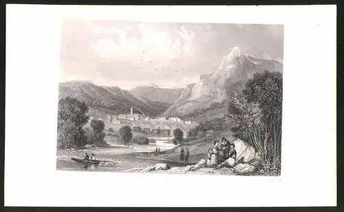 Stahlstich Melchthal, Totalansicht mit Flusspartie und Berggipfel, Stahlstich um 1835 von Henry Winkles, 22.5 x 14cm