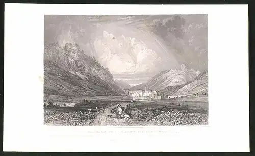 Stahlstich Madulein, Ortsansicht und die Ruine von Gardovall, Stahlstich um 1835 von Henry Winkles, 22.5 x 14cm