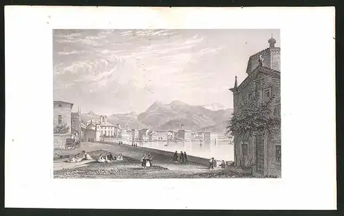 Stahlstich Lugano, Kirche am See mit Alpenblick, Stahlstich um 1835 von Henry Winkles, 22.5 x 14cm