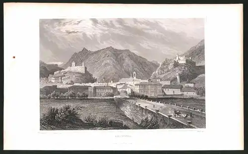 Stahlstich Bellinzona, Ortseingang mit Brücke und Schlössern, Stahlstich um 1835 Henry Winkles, 22.5 x 14cm