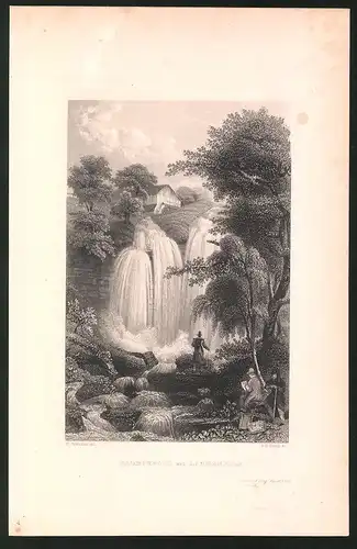 Stahlstich Langenfeld, Blick auf den Wasserfall, Stahlstich um 1840, 23.5 x 15cm