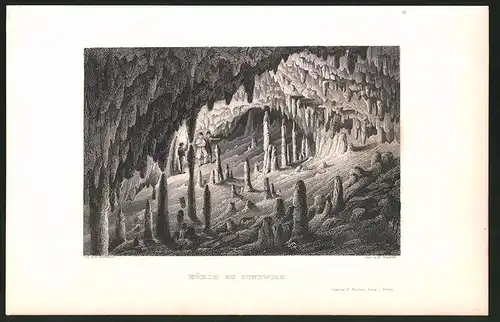 Stahlstich Sundwig, Erkundung der Heinrichshöhle, Tropfsteinhöhle, Stahlstich um 1840, 23.5 x 15cm