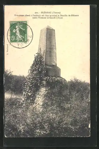 AK Bléneau, Monument élevé à l`endroit où s`est terminé la Bataille de Bléneau entre Turenne et Condé 1652