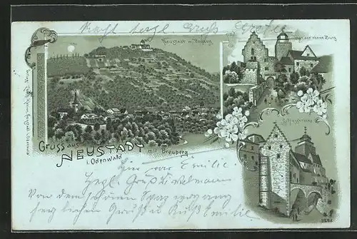 Mondschein-Lithographie Neustadt /Odenwald, Tor der oberen Burg, Schlossbrücke