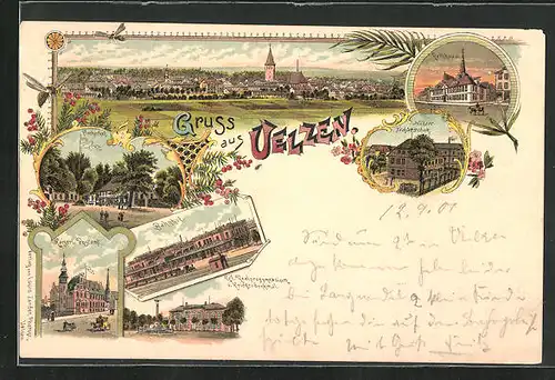 Lithographie Uelzen, Bahnhof, Restaurant Fischerhof, Postamt, Realgymnasium