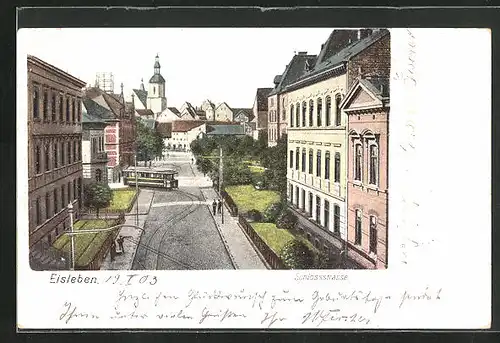 AK Eisleben, Schlossstrasse mit Strassenbahn