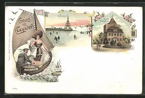 Lithographie Cuxhaven, Schloss Ritzebüttel, Segelboot Fortuna mit Badenixe
