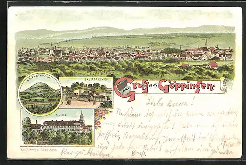 Lithographie Göppingen, Schloss, Sauerbrunnen