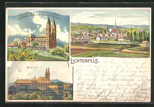 Lithographie Lichtenfels, Kloster Banz, Basilika Vierzehnheiligen