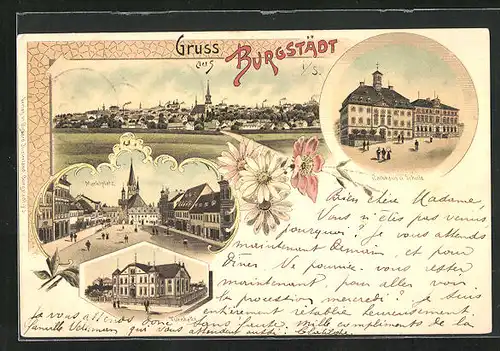 Lithographie Burgstädt i.S., Turnhalle, Rathaus & Schule, Marktplatz