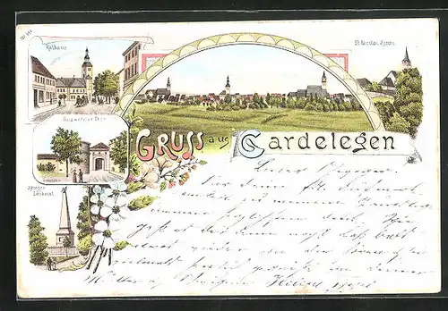 Lithographie Gardelegen, Rathaus, Salzwedler Tor, Kriegerdenkmal