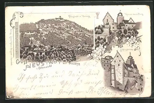 Lithographie Neustadt /Odenwald, Ortsansicht mit Breuberg, Schlossbrücke