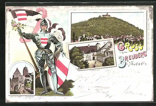 Lithographie Neustadt /Odenwald, Burg Breuberg, Ritter mit Wappen & Fahne