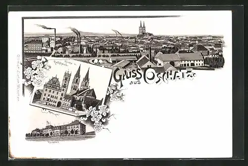 Lithographie Oschatz, Kaserne, Kirche & Rathaus