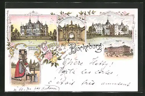 Lithographie Bückeburg, Kaserne, Schloss, Frau in Tracht