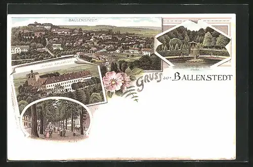Lithographie Ballenstedt, Allee, Schloss, Park