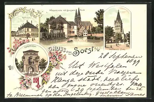 Lithographie Soest i.W., Rathaus, Wiesenkirche