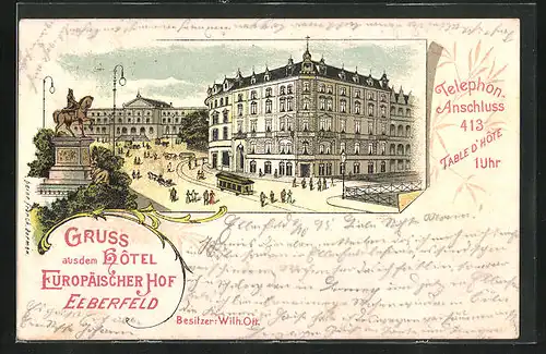 Lithographie Elberfeld, Hotel Europäischer Hof von Wilhelm Ott