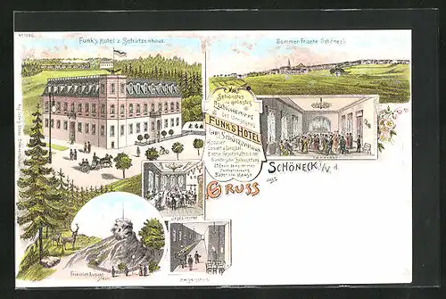 Lithographie Schöneck i. V., Funks Hotel zum Schützenhaus, Kegelbahn
