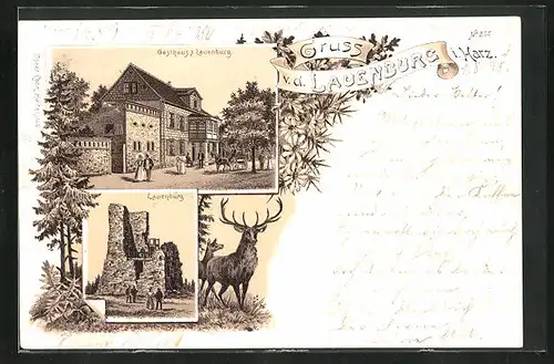 Lithographie Lauenburg /Harz, Gasthaus zur Lauenburg, Burg-Ruine