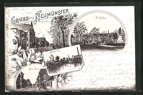 Lithographie Neumünster, Kieler Strasse, Markt, Mühlenteich