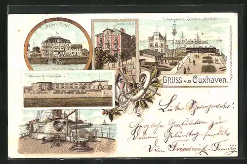 Lithographie Cuxhaven, Dölles Hotel, Matrosen-Artillerie-Kaserne, Telegraphenamt und Alte Liebe