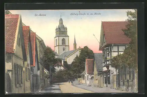 AK Gr.-Gerau, Hellwigstrasse mit ev. Kirche