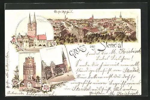 Lithographie Stendal, Rathaus mit Roland u. St. Marienkirche, Domkirche, Unginger-Tor