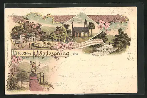 Lithographie Mägdesprung / Harz, Hotel Mägdesprung, Schutzhütte, Wasserfall