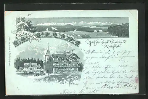 Lithographie Königsfeld, Hotel Doneswald mit Pferdekutsche, Ortsansicht mit Berge