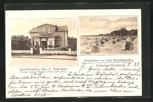 AK Niendorf, Hotel-Pension von A. Tiedmann, Strandleben vor dem Strandhäuschen