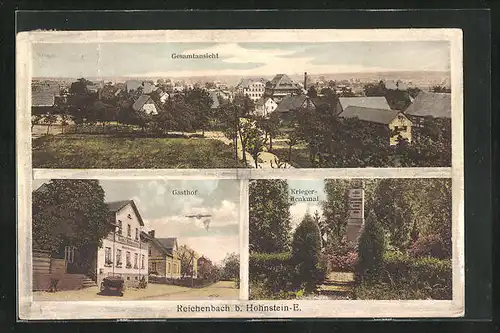 AK Reichenbach b. Hohenstein-E., Gasthof an der Strasse, Kriegerdenkmal, Gesamtansicht