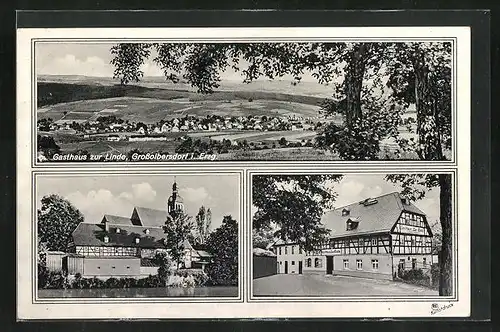 AK Grossolbersdorf / Erzgebirge, Gasthaus Zur Linde, Ortsansicht mit Kirche, Panorama